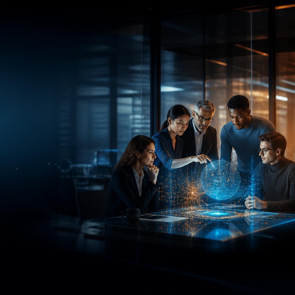 Business leaders collaborating around an AI-enabled workforce model